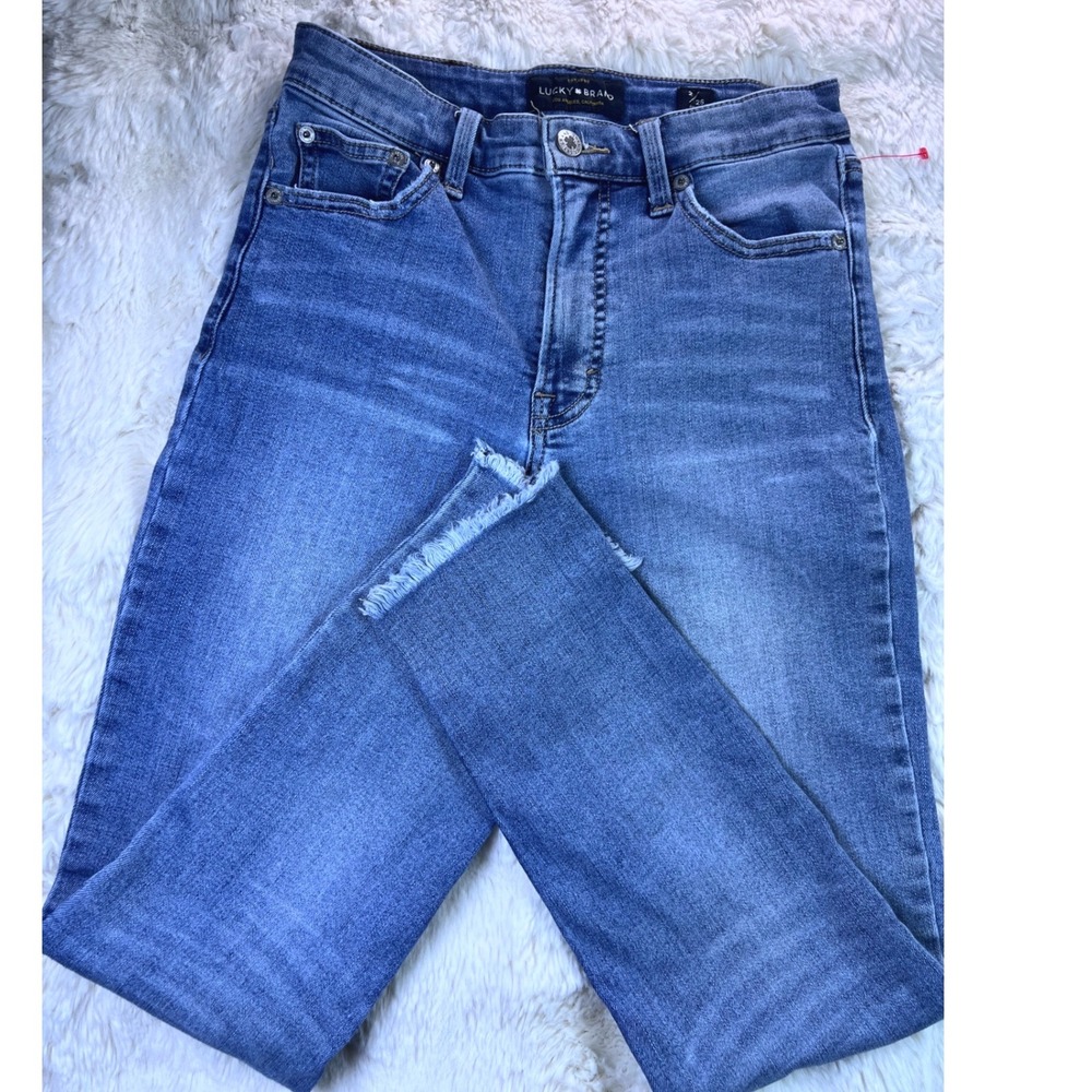 Lucky Brand High Rise Ankle Skinny Jeans Blue Frayed Hem 2/26 Medium Wash. A40